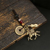 Year of Horse Five Emperor Coins Keychain – brass horse coin gourd wood, copper feng shui