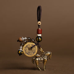 Horse Emperor Coins Key Chain - Brass horse with ingot and Shunzhi coin charm, feng shui keychain