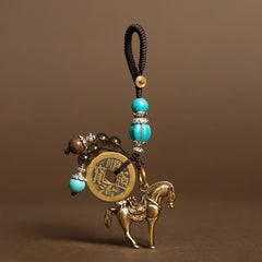 Horse Emperor Coins Key Chain - Side view of beaded charm with coin and horse, feng shui pendant