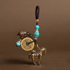 Horse Emperor Coins Key Chain - Turquoise beads with lotus caps and brass horse pendant, protection charm