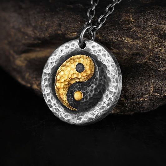999 Silver Gold Yin Yang Balance Pendant Necklace - Two-tone hammered yin-yang on dark wood, silver gold necklace