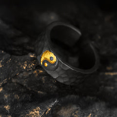 999 Silver Gold Yin Yang Ring - Oxidized hammered ring with gold yin-yang close-up, men's textured ring
