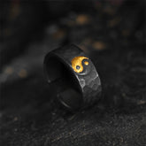 999 Silver Gold Yin Yang Ring - Black hammered ring with gold yin-yang on dark stone, men's balance ring