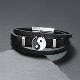 Yin Yang Leather Balance Bracelet – black leather layered bracelet with silver yin-yang charm on dark stone, leather bracelet