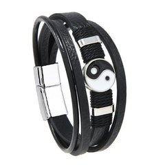 Yin Yang Leather Balance Bracelet – multi-layer black leather bracelet with yin-yang centerpiece on white background, men ...