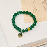 Green Agate Lotus Charm Beaded Bracelet - Full loop with cloisonne lotus pendant and yellow accent bead, agate jewelry