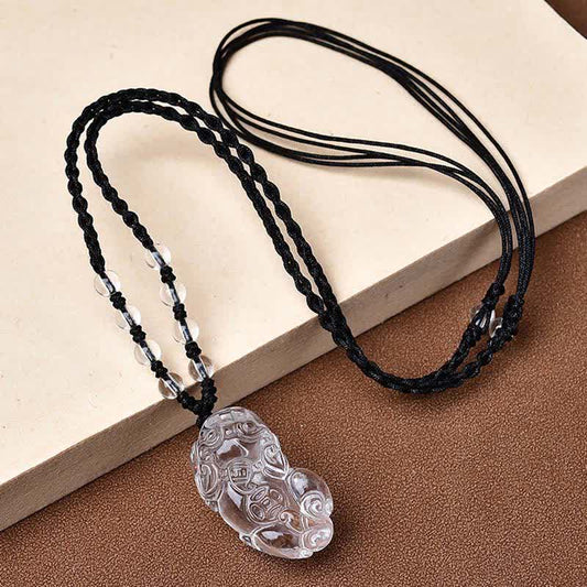 Natural Clear Quartz Pixiu Clarity Beads Rope Necklace Adjustable – Full necklace on beige surface, clear quartz pendant