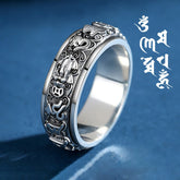 Pixiu Om Mani Padme Hum Copper Rotatable Ring for Men – Side view with Pixiu engraving on blue, feng shui ring