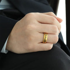 Om Mani Padme Hum Ring – Gold mantra band worn on hand with formal attire, men’s ring