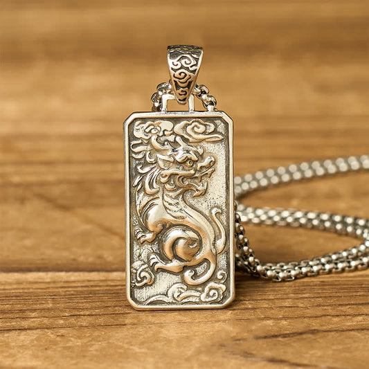 Copper Pixiu Chain Wealth Necklace Pendant - Feng Shui Attract – Rectangular Pixiu pendant on wood, chain detail