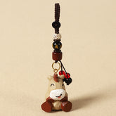 Chinese Zodiac Keychain – Wooden horse with mantra bead and gold ring, zodiac lucky charm
