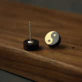 Ebony Wood Yin Yang Stud Earrings - Gold and silver yin yang inlay on dark wood studs, wooden earrings