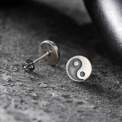 Yin Yang Stud Earrings - Front and back view, 925 sterling silver hallmark visible, balance earrings
