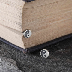 Yin Yang Stud Earrings - Styled with book on stone, lifestyle artisan jewelry, spiritual earrings