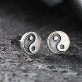 Yin Yang Stud Earrings - Pair on dark stone, oxidized silver yin yang symbol, sterling silver earrings