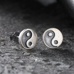Yin Yang Stud Earrings - Pair on dark stone, oxidized silver yin yang symbol, sterling silver earrings