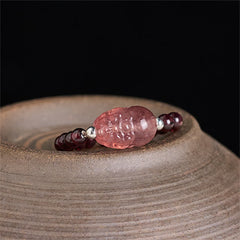 3mm PiXiu Gemstone Ring – Garnet bead ring side view with carved PiXiu, spiritual jewelry