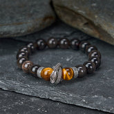Silver Sheen Obsidian Red Tiger Eye Dragon Success Bracelet - dragon charm on dark stone with golden tiger eye beads, bold