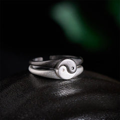 Yin Yang Copper Ring - Adjustable open-band ring with oxidized yin-yang center, matte silver spiritual ring