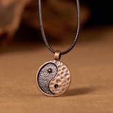 Vintage Yin Yang Necklace - copper gunmetal pendant on black leather cord, hammered metal charm