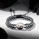 Hematite Lava Rock Yin Yang Bracelet - Double-strand hematite beads with yin-yang charm on dark stone