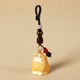 Wood Cat Keychain - Orange tabby cat with gold mantra bead, Bodhi seed, red bead, lucky charm