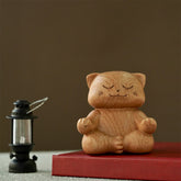 Hand Carved Meditating Cat Wood Decor - Hand-Carved Wooden Meditation Cat in Lotus Pose, Zen Decor Figurine