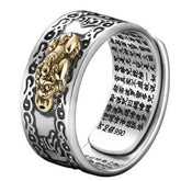 Feng Shui PiXiu Wealth Ring – 990 sterling silver men's band ring with gold Pixiu creature and flame engravings, sutra-inscribed interior