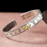 PiXiu Dragon Lotus Silver Bracelet – Silver cuff with gold PiXiu and Heart Sutra engraving, wealth luck