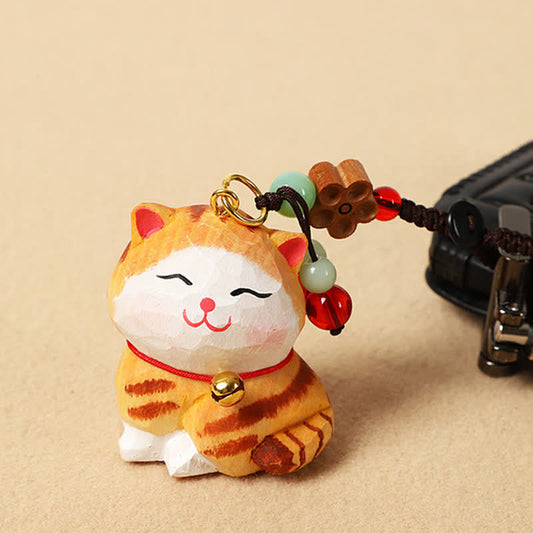 Carved Wood Cat Keychain - Orange tabby cat with jade beads and flower, keychain accessory