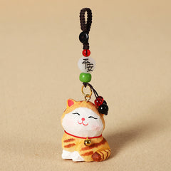 Carved Wood Cat Keychain - Orange tabby cat with peace blessing bead, amulet