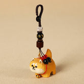 Carved Wood Dog Keychain - Golden Shiba Inu with Bodhi seed and mantra bead, handmade charm