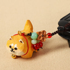 Carved Wood Dog Keychain - Golden Shiba Inu with jade beads and wooden flower, bag charm
