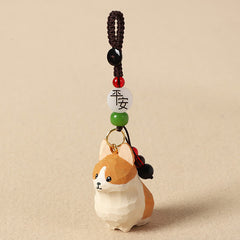 Carved Wood Corgi Om Mani Padme Hum Key… – Carved corgi charm with peace blessing bead and jade green beads, artisan keychain