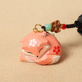 Wood Fox Keychain – Sleeping fox with sakura details and peace blessing bead strand, kawaii charm