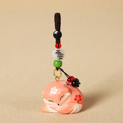 Wood Fox Keychain – Sleeping fox with bodhi seed, inscribed bead, and cord lock, zen charm