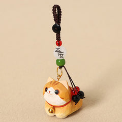 Wood Cat Keychain – Orange tabby cat with peace blessing bead and jade green accent, lucky pendant