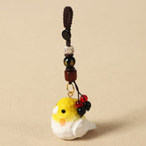 Hand-Carved Wood Cockatiel Om Mani Padm… – Hand-carved yellow cockatiel with braided cord and beaded tassel, wooden bird key…