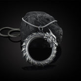Pure Tin Dragon Snake Necklace - Ouroboros dragon ring on dark stone, rope chain, protection talisman