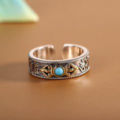 Vintage Silver Vajra Ring, Handcrafted Turquoise Inlaid, Open Design Unisex, Mantra Engraved Vajra