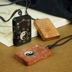 Yin Yang Amulet: Ebony and Silver Inlaid Taoist Talisman Necklace Pendant