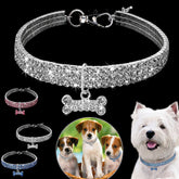 3-Row Rhinestone Elastic Pet Collar – Clear crystal stretchy band with bone charm, 3 color variants, bling dog collar