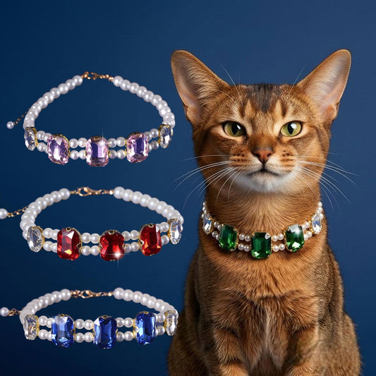 Crystal Rhinestone Pearl Cat Collar – Blue / S (21-29cm), front view