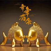 Lucky Goldfish Statue – pair of golden crystal-studded fish with Chinese calligraphy, feng shui wealth decor