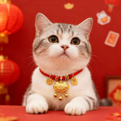 New Year Lucky Lock Bell Collar Gold Red Pet Cat Dog Safe Keeper Necklace