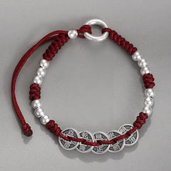 Trendy Chinese Zodiac Red String Bracelet, Five Emperor Coins & Safety Knot, Handmade