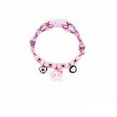 Cat Collar – Pink-black rope with cow heart, cat face star & heart charms, kawaii pet necklace