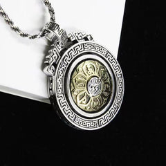 Double Dorje Vajra Rotatable Necklace – three-quarter silver medallion with gold mantra center, Tibetan pendant