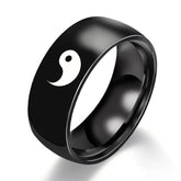 Yin Yang Titanium Steel Couple Ring - Black band with white yin-yang symbol engraved, polished titanium steel ring