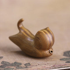 Green Sandalwood Cat Incense Burner - Curled cat on botanical paper, artisan wood craft